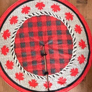 Red Buffalo Plaid Round Tree Skirt with Maple Leaf Border